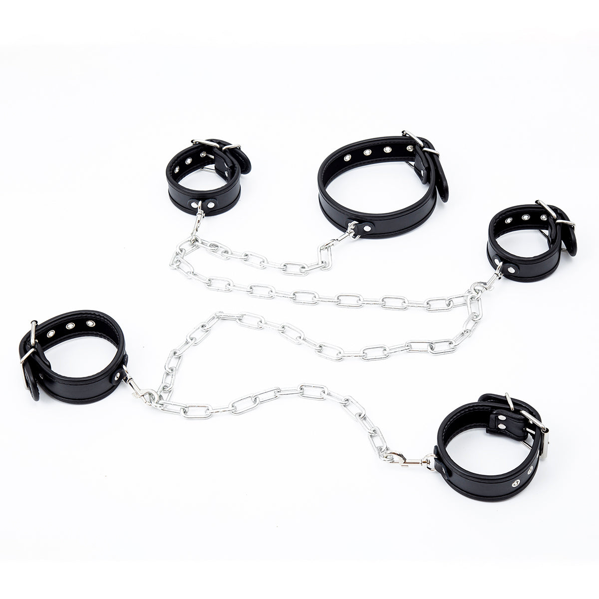 Halsband, Hand- und Fußfesseln-Set inklusive 1 Meter Kette in Schwarz/Silber