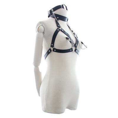 Melda - Harness, Bondage Strap BH, Halsband, Knebel, Nippelklemmen