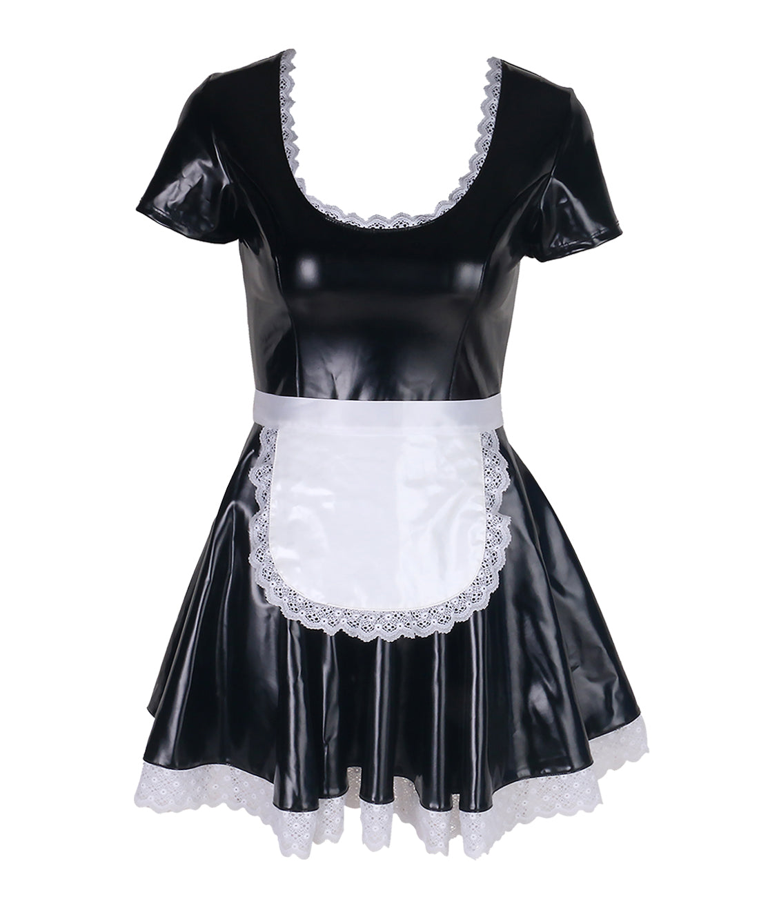LinaLind - Französisches Dienstmädchen-Kostüm Liza aus glänzendem PU - schwarzes Wetlook-Kleid mit Schürze, sehr elastisch & figurbetont