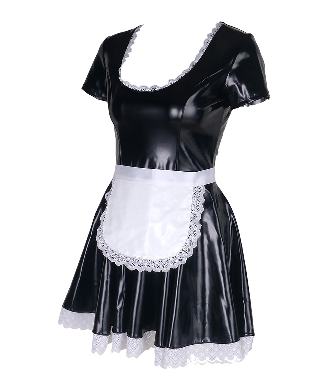 LinaLind - Französisches Dienstmädchen-Kostüm Liza aus glänzendem PU - schwarzes Wetlook-Kleid mit Schürze, sehr elastisch & figurbetont