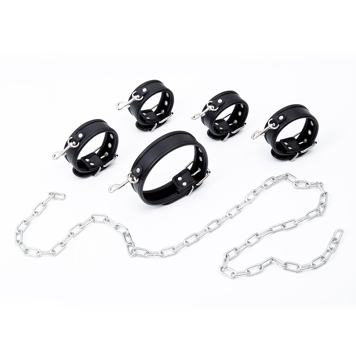 Halsband, Hand- und Fußfesseln-Set inklusive 1 Meter Kette in Schwarz/Silber
