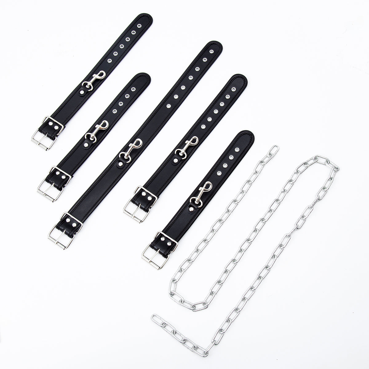 Halsband, Hand- und Fußfesseln-Set inklusive 1 Meter Kette in Schwarz/Silber